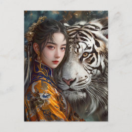 Meisje met Tiger Chinese Zodiac Art Briefkaart