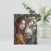 Meisje met Tiger Chinese Zodiac Art Briefkaart (Staand voorkant)