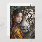 Meisje met Tiger Chinese Zodiac Art Briefkaart (Voorkant / Achterkant)