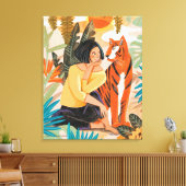 Meisje met tijgerzonsonderend oerwoud poster canvas afdruk (Insitu (Woonkamer))