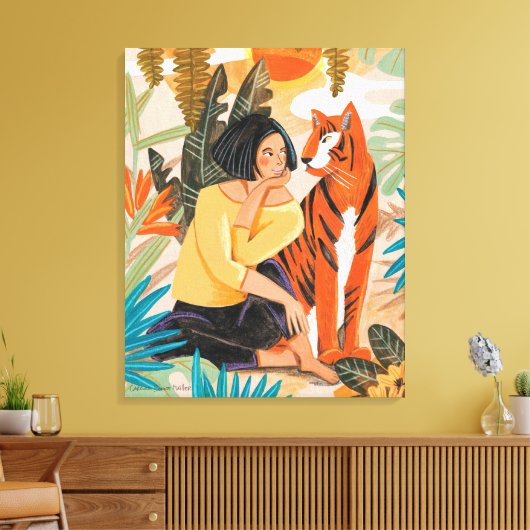 Meisje met tijgerzonsonderend oerwoud poster canvas afdruk (Insitu (Woonkamer))