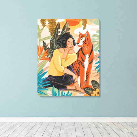 Meisje met tijgerzonsonderend oerwoud poster canvas afdruk (Insitu (Houten vloer))