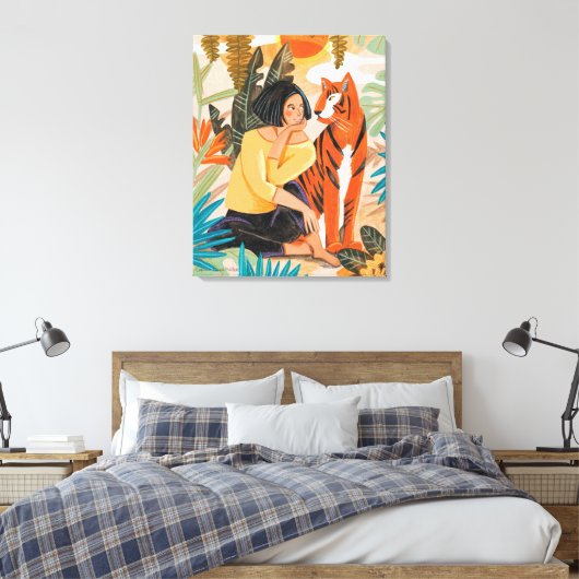 Meisje met tijgerzonsonderend oerwoud poster canvas afdruk (Insitu (Slaapkamer))