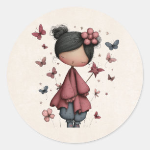 Meisje met toverstaf en vlinders ronde sticker