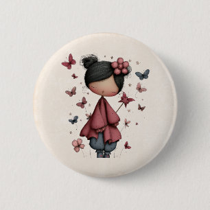 Meisje met toverstaf en vlinders Schattig Ronde Button 5,7 Cm