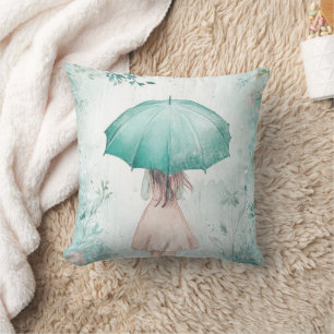 Meisje met turquoise paraplu regenachtige tuin kussen
