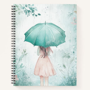 Meisje met turquoise paraplu regenachtige tuin notitieboek