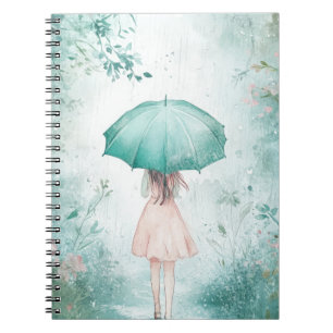 Meisje met turquoise paraplu regenachtige tuin notitieboek