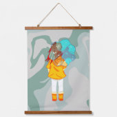 Meisje met Umbrella in Wind Drawing Green Swirl Hangend Wandkleed (Voorkant)
