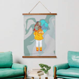 Meisje met Umbrella in Wind Drawing Green Swirl Hangend Wandkleed