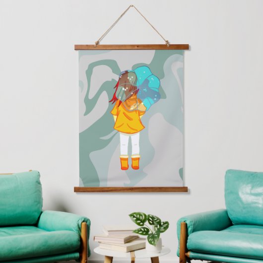 Meisje met Umbrella in Wind Drawing Green Swirl Hangend Wandkleed (Woonkamer)