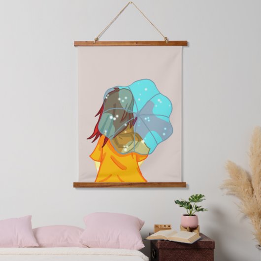 Meisje met Umbrella in Wind Drawing Hangend Wandkleed (Slaapkamer)