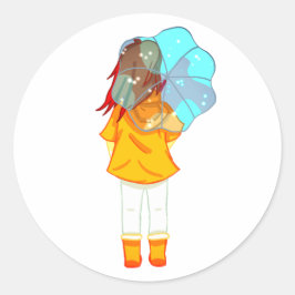 Meisje met Umbrella in Wind Drawing Ronde Sticker