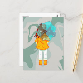 Meisje met Umbrella in Wind Rain Green Swirl Briefkaart