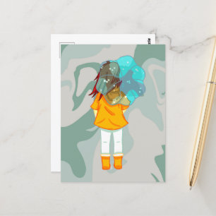 Meisje met Umbrella in Wind Rain Green Swirl Briefkaart