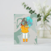 Meisje met Umbrella in Wind Rain Green Swirl Briefkaart (Staand voorkant)