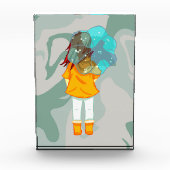 Meisje met Umbrella in Wind Rain Green Swirl Fotoblokken (Voorkant)