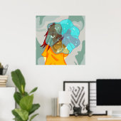 Meisje met Umbrella in Wind Rain Green Swirl Poster (Thuiskantoor)