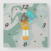 Meisje met Umbrella in Wind Rain Green Swirl Vierkante Klok (Voorkant)