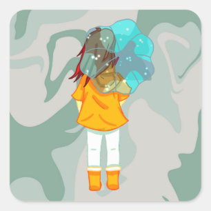 Meisje met Umbrella in Wind Rain Green Swirl Vierkante Sticker