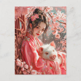 Meisje met Varken Chinese Zodiac Art Briefkaart