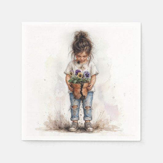 Meisje met viooltjes in gebroken pot servet (Voorkant)