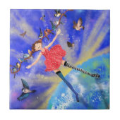Meisje met vogelkeramische Tegel Fantasy Tegeltje (Voorkant)