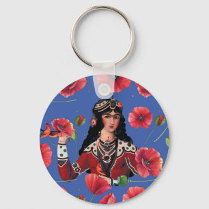 Meisje met vogels en rode bloemen sleutelhanger