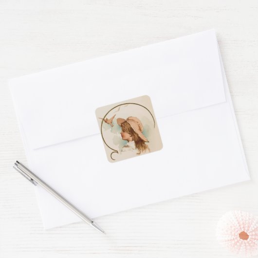  meisje met vogels vierkante sticker (Envelop)