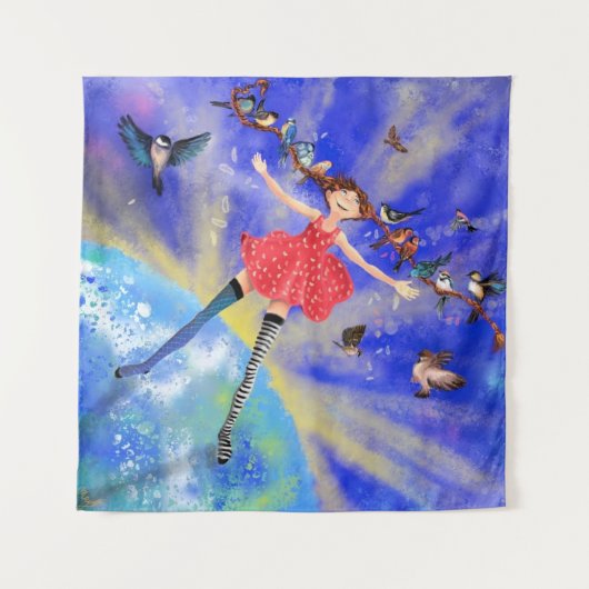 Meisje met vogeltapestry Fantasy Wandkleed (Voorkant (horizontaal))