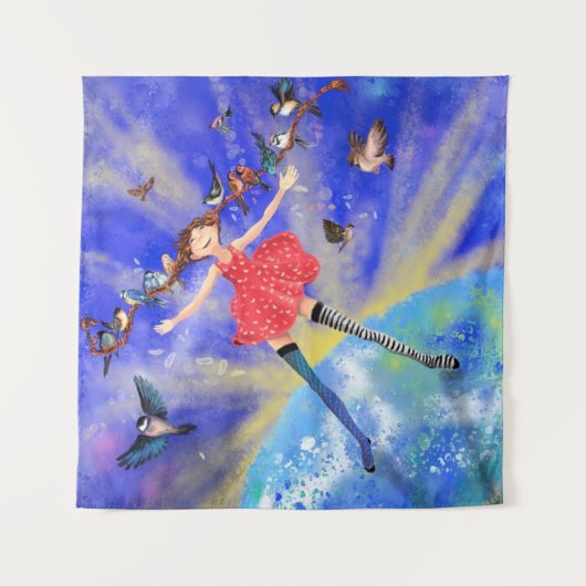 Meisje met vogeltapestry Fantasy Wandkleed (Voorkant)