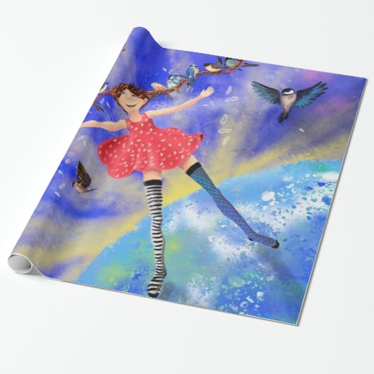 Meisje met vogelwrapping Gift Fantasy Cadeaupapier (Uitgerold)