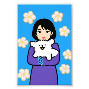 Meisje met witte hond en madeliefjes foto afdruk