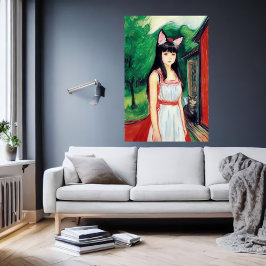 Meisje met witte jurk en kattenoren | AI Art. Poster