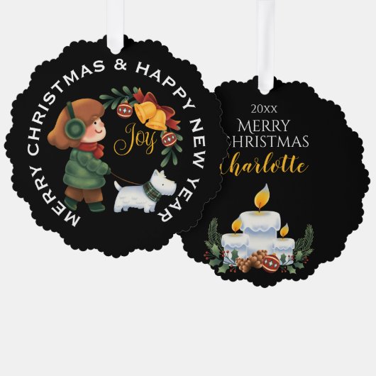 Meisje met witte Scottie Hond, GEPERSONALISEERDE K Ornament Kaart (Voorkant / Achterkant)