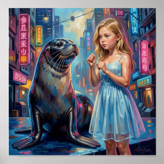 Meisje met zeehond in hyperrealistische neo-impres poster