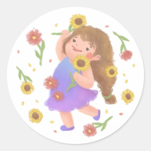Meisje met Zonnebloemen Illustratie Ronde Sticker