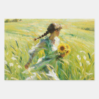 Meisje met zonnebloemen in zomerveld inpakpapier vel