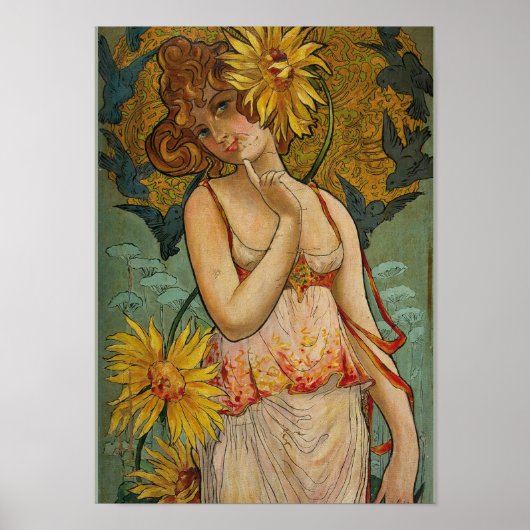 Meisje met zonnebloemen poster (Voorkant)
