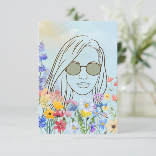 Meisje met zonnebril in zonnige tuinkaart bedankkaart (Staand voorkant)