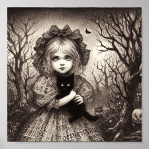 Meisje met zwart kitten spooky retro halloween poster