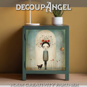 Meisje met zwarte kat en rode klaprozen - decoupag tissuepapier