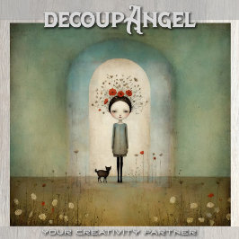 Meisje met zwarte kat en rode klaprozen - decoupag tissuepapier