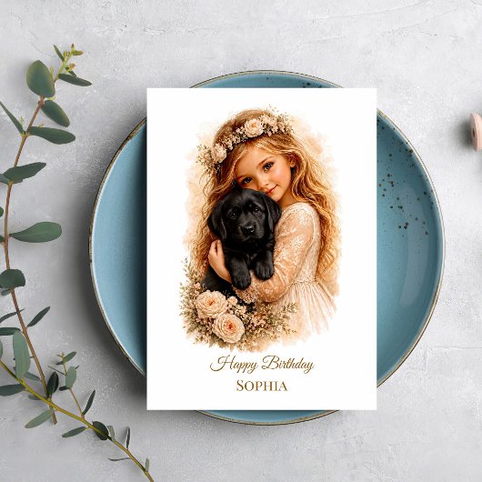 Meisje met zwarte labradorpuppy kaart