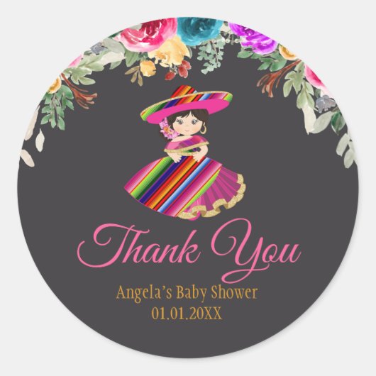 Meisje Mexicaanse bloemen Fiesta Ronde Sticker (Voorkant)