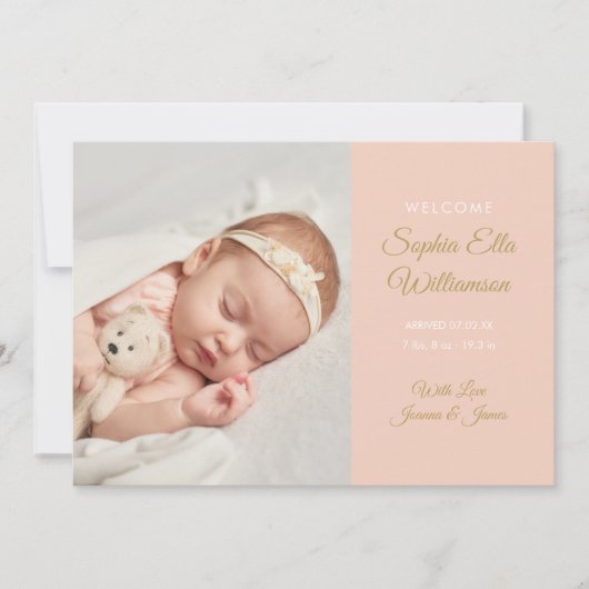 Meisje Modern Gouden Script Foto Geboorteaankondig Aankondiging (Voorkant)