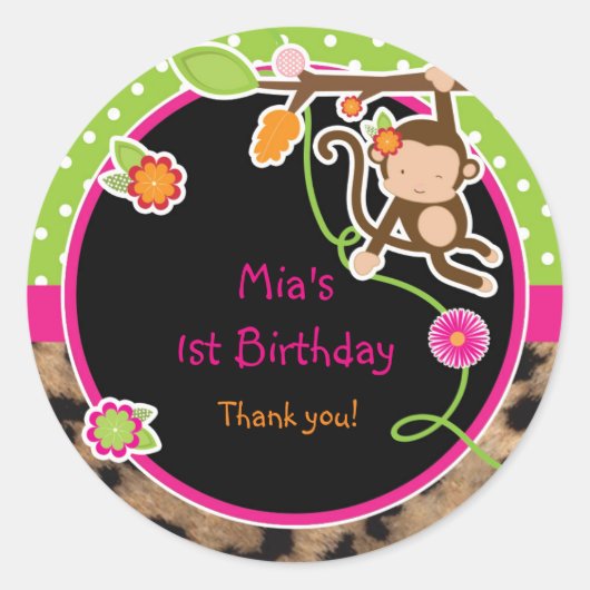 Meisje Monkey Oerwoud Safari Bright Favor Sticker (Voorkant)
