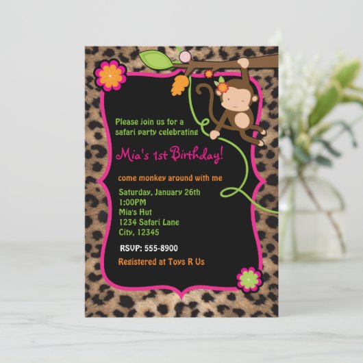 Meisje Monkey Safari Chic Oerwoud Luipaard Uitnodi Kaart (Staand voorkant)