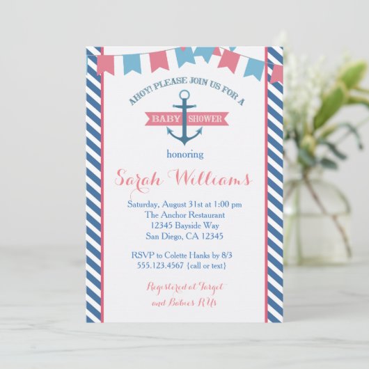 Meisje Nautische Baby Shower Uitnodiging Roze en B (Staand voorkant)