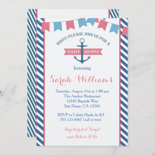 Meisje Nautische Baby Shower Uitnodiging Roze en B (Voorkant / Achterkant)
